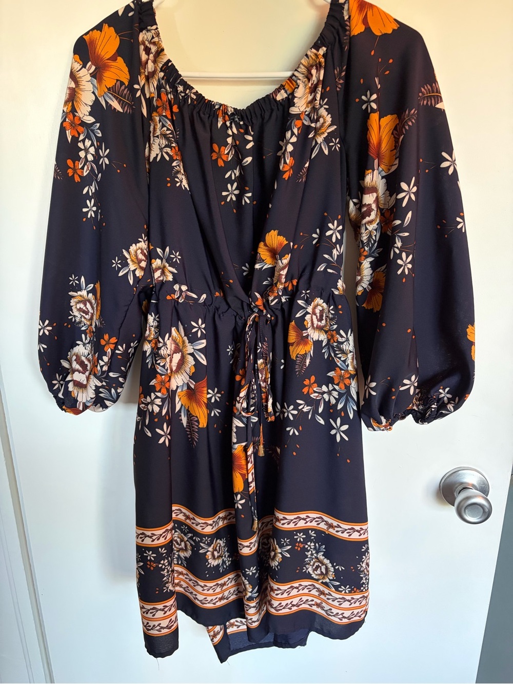 Women’s Floral Peasant Dress in Navy and Orange